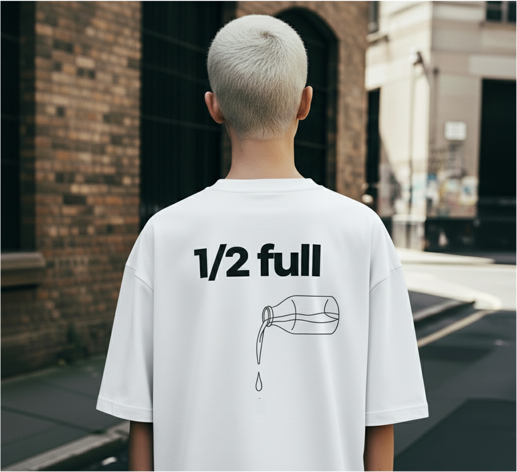 Person wearing a white t-shirt with '1/2 full' text and bottle graphic on the back, standing outdoors.