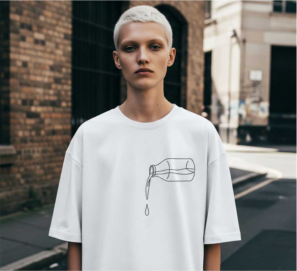 Person wearing a white t-shirt with a bottle graphic on a city street.