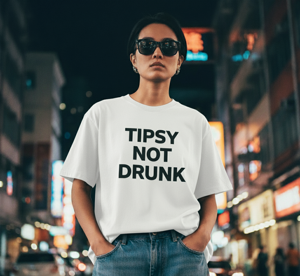 Tipsy Not Drunk detail of the high-quality cotton fabric and fit on the Tasting Colors new collection T-shirt.